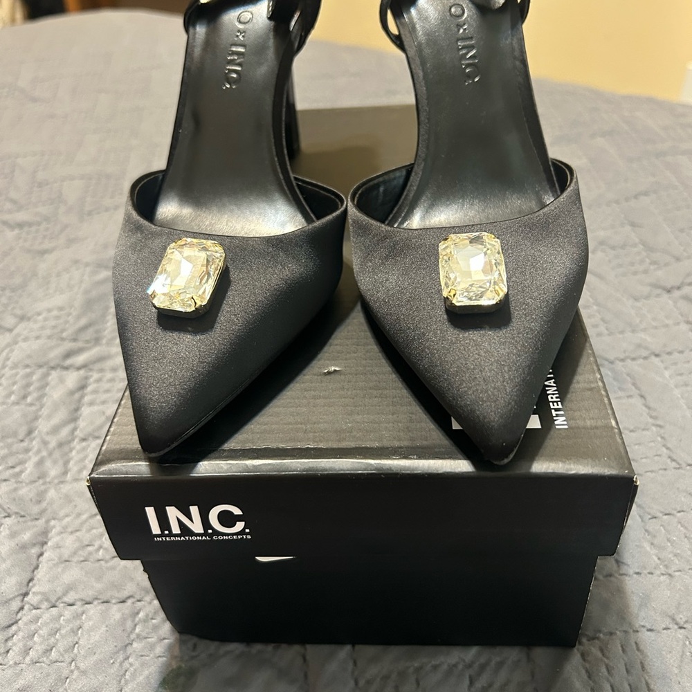 INC International Concepts Black Satin Heels with Gem Detail